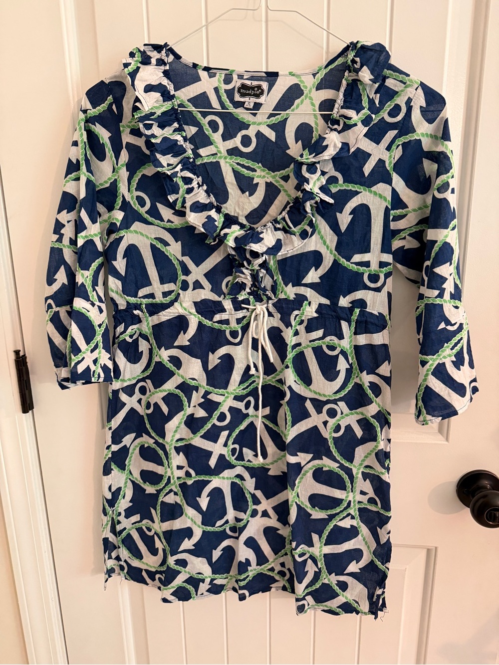 Mudpie Nautical Navy Anchor Print Ruffle Swim Cover-up size S Small 4/6 EUC